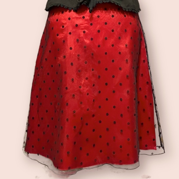Vintage Dresses & Skirts - Vintage 90’s Black Mesh Polka Dot A-Line Skirt with Red Satin lining size S